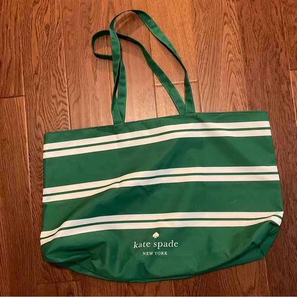 KATE SPADE Large Green White Stripe Tote Canvas Foldable Bag - Picture 2 of 4